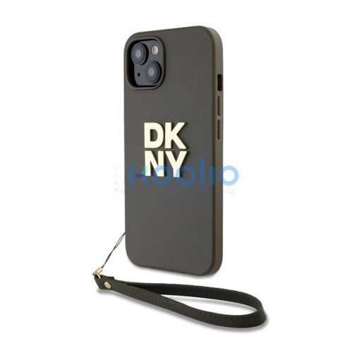 DKNY PU Leather Stack Logo Apple iPhone 15 hátlap tok csuklópánttal, barna