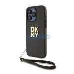 DKNY PU Leather Stack Logo Apple iPhone 15 Pro Max hátlap tok csuklópánttal, barna