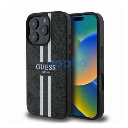 Guess 4G Printed Stripes MagSafe Apple iPhone 16 Pro Max hátlap tok, fekete/barna GUHMP16XP4RPSK