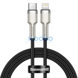   USB Type-C töltő- és adatkábel, Lightning, 25 cm, 20W, törésgátlóval, gyorstöltés, PD, cipőfűző minta, Baseus Cafule Metal, CATLJK-01, fekete