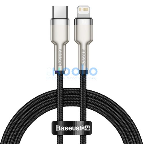 USB Type-C töltő- és adatkábel, Lightning, 25 cm, 20W, törésgátlóval, gyorstöltés, PD, cipőfűző minta, Baseus Cafule Metal, CATLJK-01, fekete