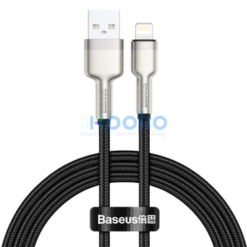 USB töltő- és adatkábel, Lightning, 50 cm, 2400 mA, törésgátlóval, gyorstöltés, cipőfűző minta, Baseus Cafule Metal, CALJK-01, fekete