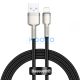 USB töltő- és adatkábel, Lightning, 50 cm, 2400 mA, törésgátlóval, gyorstöltés, cipőfűző minta, Baseus Cafule Metal, CALJK-01, fekete
