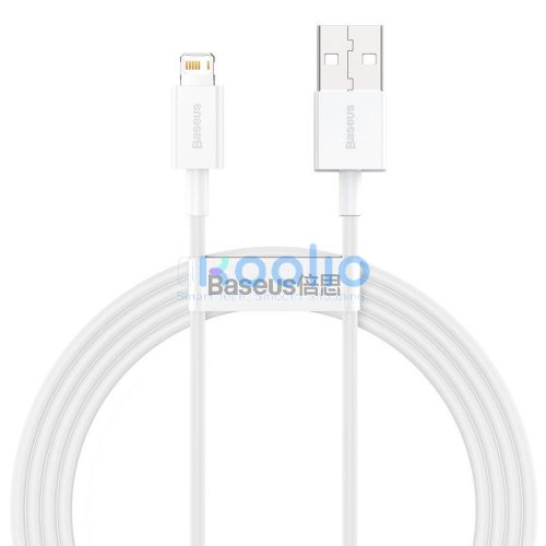 USB töltő- és adatkábel, Lightning, 150 cm, 2400 mA, törésgátlóval, gyorstöltés, PD, Baseus Superior, CALYS-B02, fehér
