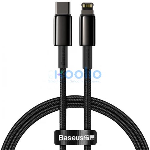USB Type-C töltő- és adatkábel, Lightning, 200 cm, 20W, törésgátlóval, gyorstöltés, Baseus Tungsten Gold, CATLWJ-A01, fekete
