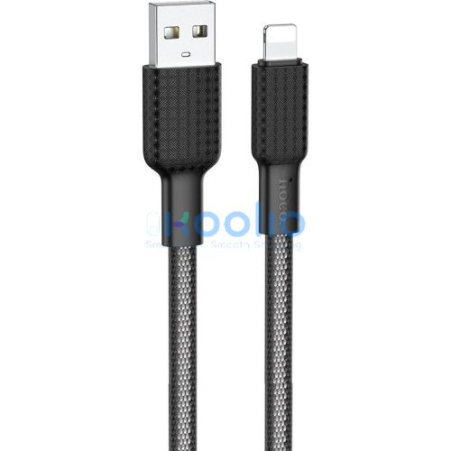 USB töltő- és adatkábel, Lightning, 100 cm, 2400 mA, törésgátlóval, gyorstöltés, cipőfűző minta, Hoco X69 Jaeger, fekete/fehér