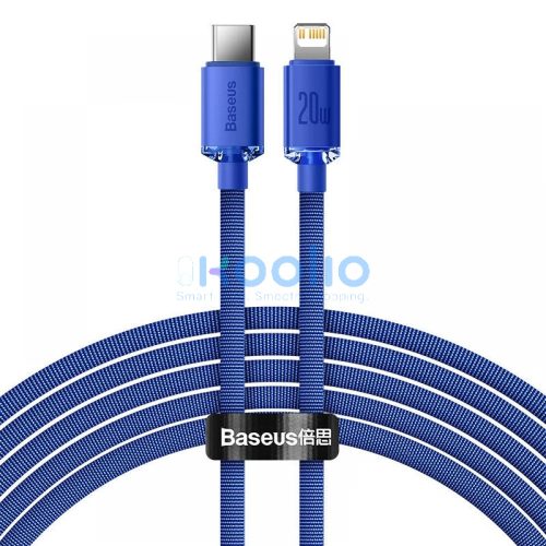 USB Type-C töltő- és adatkábel, Lightning, 200 cm, 20W, gyorstöltés, PD, cipőfűző minta, Baseus Crystal Shine, CAJY000303, kék