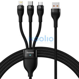   USB töltő- és adatkábel 3in1, USB Type-C, Lightning, microUSB, 120 cm, 3500 mAh, 100 W, törésgátlóval, gyorstöltés, cipőfűző minta, Baseus Flash Series 2, CASS030001, fekete