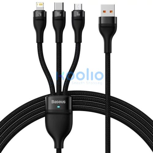 USB töltő- és adatkábel 3in1, USB Type-C, Lightning, microUSB, 120 cm, 3500 mAh, 100 W, törésgátlóval, gyorstöltés, cipőfűző minta, Baseus Flash Series 2, CASS030001, fekete