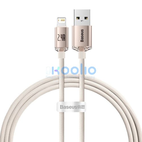 USB töltő- és adatkábel, Lightning, 120 cm, 2400 mA, gyorstöltés, PD, cipőfűző minta, Baseus Crystal Shine, CAJY001104, rózsaszín