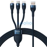 USB töltő- és adatkábel 3in1, USB Type-C, Lightning, microUSB, 120 cm, 6000 mAh, 66 W, törésgátlóval, gyorstöltés, cipőfűző minta, Baseus Flash Series 2, CASS040003, sötétkék