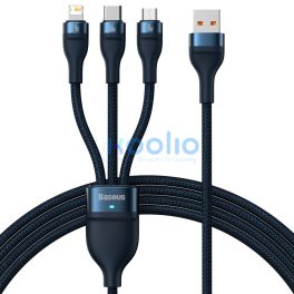   USB töltő- és adatkábel 3in1, USB Type-C, Lightning, microUSB, 120 cm, 6000 mAh, 66 W, törésgátlóval, gyorstöltés, cipőfűző minta, Baseus Flash Series 2, CASS040003, sötétkék