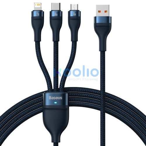USB töltő- és adatkábel 3in1, USB Type-C, Lightning, microUSB, 120 cm, 6000 mAh, 66 W, törésgátlóval, gyorstöltés, cipőfűző minta, Baseus Flash Series 2, CASS040003, sötétkék