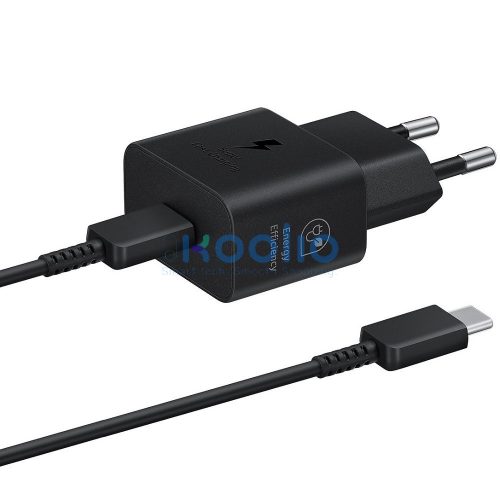 Hálózati töltő adapter, 25W, USB Type-C aljzat, USB Type-C - USB Type-C kábellel, PD, PDO / PPS, GaN, gyorstöltés, Samsung, fekete, gyári
