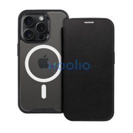   Apple iPhone 15 Plus, Oldalra nyíló tok, kártyatartóval, átlátszó hátlap, Magsafe kompatibilis, Smart Mag, fekete