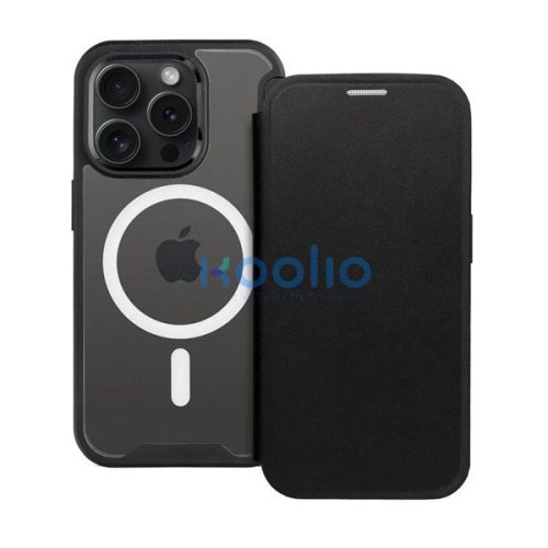 Apple iPhone 15 Plus, Oldalra nyíló tok, kártyatartóval, átlátszó hátlap, Magsafe kompatibilis, Smart Mag, fekete