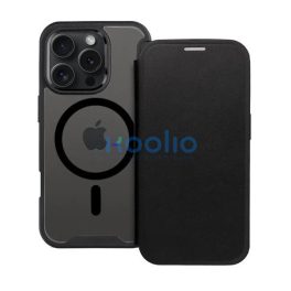  Apple iPhone 16 Plus, Oldalra nyíló tok, kártyatartóval, átlátszó hátlap, Magsafe kompatibilis, Smart Mag, fekete
