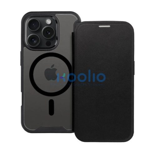 Apple iPhone 16 Plus, Oldalra nyíló tok, kártyatartóval, átlátszó hátlap, Magsafe kompatibilis, Smart Mag, fekete