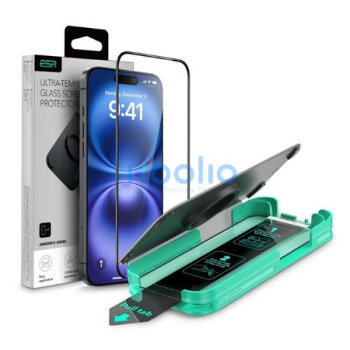 Apple iPhone 15 / 16, Kijelzővédő fólia, ütésálló fólia (az íves részre is!), Tempered Glass (edzett üveg), segéd kerettel, ESR Armorite, fekete