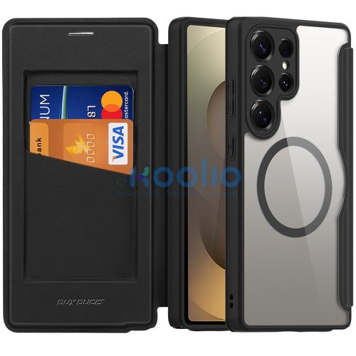 Samsung Galaxy S25 Ultra SM-S938, Oldalra nyíló tok, stand, közepesen ütésálló, Magsafe kompatibilis, Dux Ducis Skin Pro Magsafe, fekete