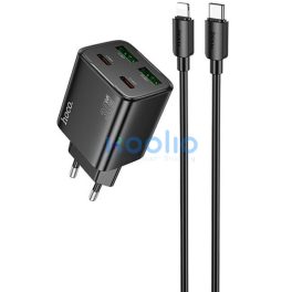   Hálózati töltő adapter, 30W, 2 x USB aljzat, 2 x USB Type-C aljzat, USB Type-C - Lightning kábellel, gyorstöltés, PD, GaN, QC 3.0, Hoco N56 Fundador, fekete