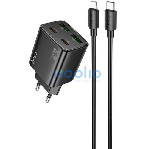 Hálózati töltő adapter, 30W, 2 x USB aljzat, 2 x USB Type-C aljzat, USB Type-C - Lightning kábellel, gyorstöltés, PD, GaN, QC 3.0, Hoco N56 Fundador, fekete