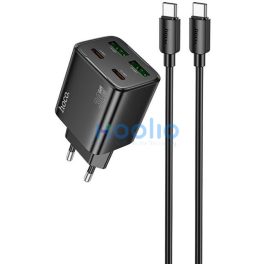   Hálózati töltő adapter, 30W, 2 x USB aljzat, 2 x USB Type-C aljzat, USB Type-C - USB Type-C kábellel, gyorstöltés, PD, GaN, QC 3.0, Hoco N56 Fundador, fekete