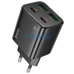 Hálózati töltő adapter, 30W, 2 x USB aljzat, 2 x USB Type-C aljzat, USB Type-C - USB Type-C kábellel, gyorstöltés, PD, GaN, QC 3.0, Hoco N56 Fundador, fekete