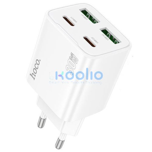 Hálózati töltő adapter, 30W, 2 x USB aljzat, 2 x USB Type-C aljzat, gyorstöltés, PD, GaN, QC 3.0, Hoco N56 Fundador, fehér