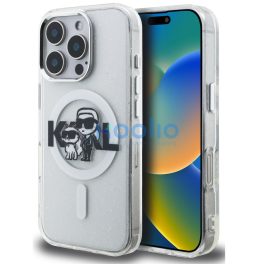   Karl Lagerfeld IML Glitter Karl and Choupette Sketch iPhone 16 Pro MagSafe kompatibilis hátlap tok, átlátszó
