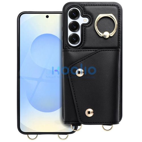 Wonder Samsung Galaxy A56 kártyatartós tok gyűrűs kitámasztóval, csuklóra / vállra akasztható pánttal, fekete