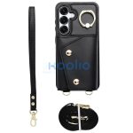 Wonder Samsung Galaxy A36 5G kártyatartós tok gyűrűs kitámasztóval, csuklóra / vállra akasztható pánttal, fekete