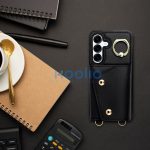Wonder Samsung Galaxy A16 5G kártyatartós tok gyűrűs kitámasztóval, csuklóra / vállra akasztható pánttal, fekete