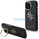 Guess PU 4G Metal Logo Apple iPhone 16 Pro hátlap tok kitámasztható kamera peremmel, fekete-arany