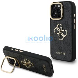   Guess PU 4G Metal Logo Apple iPhone 16 Pro hátlap tok kitámasztható kamera peremmel, fekete-arany