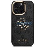 Guess PU 4G Metal Logo Apple iPhone 16 Pro hátlap tok kitámasztható kamera peremmel, fekete-arany