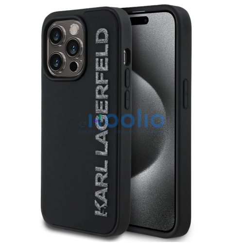 Karl Lagerfeld 3D Rubber Glitter Logo iPhone 16 Pro csillámos hátlap tok, fekete