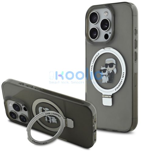 Karl Lagerfeld Ringstand Karl and Choupette iPhone 16 Pro MagSafe tok kitámasztóval, fekete