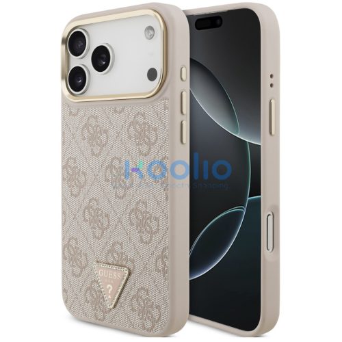 Guess PU Leather 4G Triangle Logo Gold Frame Apple iPhone 17 Pro Max MagSafe hátlap tok, rózsaszín