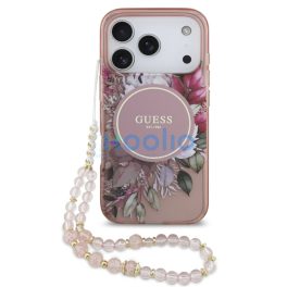   Guess IML Flowers Strap Apple iPhone 17 Pro Max MagSafe hátlap tok karpánttal, rózsaszín