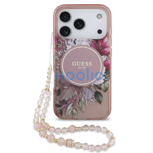 Guess IML Flowers Strap Apple iPhone 17 Pro Max MagSafe hátlap tok karpánttal, rózsaszín