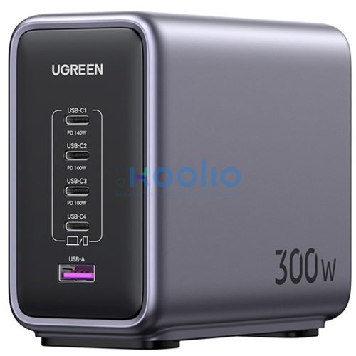 Ugreen Nexode CD333 4xUSB-C-USB-A hálózati töltő, USB-C kábellel, GaN, 300W + 240W, szürke