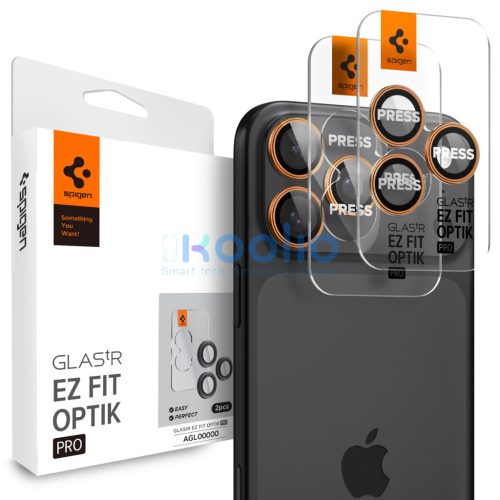Spigen Glas.tR EZ Fit Optik Pro Apple iPhone 17 Pro / 17 Pro Max / 16 Pro / 16 Pro Max / 15 Pro / 15 Pro Max / 14 Pro / 14 Pro Max, Tempered kameralencse-védő fólia felhelyező kerettel, narancs (2db)