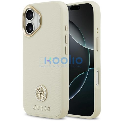 Guess 4G Grained Strass Logo Apple iPhone 17 MagSafe tok kameravédő peremmel, bézs-arany