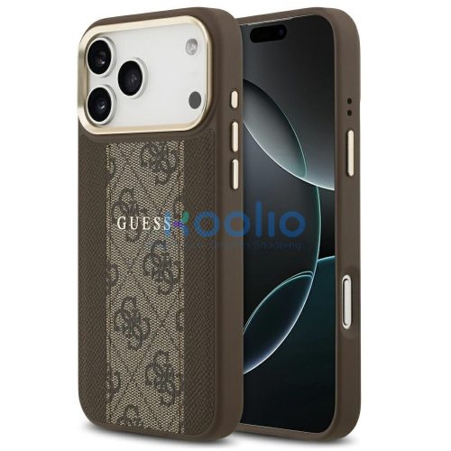 Guess 4G Stripe Apple iPhone 17 Pro MagSafe tok kameravédő kerettel, barna-arany