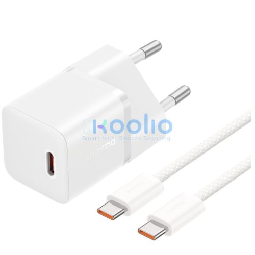 Baseus GaN5 Mini USB-C hálózati gyorstöltő adapter 20W, + USB-C-USB-C fonott kábel, 100W, fehér