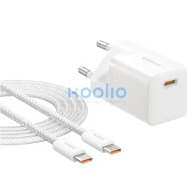   Baseus GaN5 Mini USB-C hálózati gyorstöltő adapter 25W, + USB-C-USB-C fonott kábel, 100W, fekete