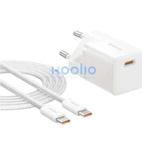 Baseus GaN5 Mini USB-C hálózati gyorstöltő adapter 25W, + USB-C-USB-C fonott kábel, 100W, fekete