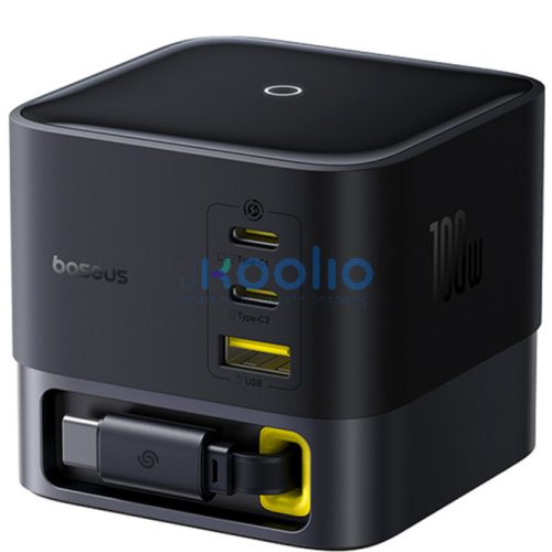 Baseus Super GaN 3xUSB-C-USB-A töltőállomás behűzható kábellel, 100W, fekete