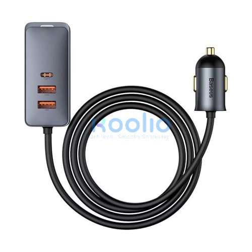 Baseus Share Together 3xUSB-A-USB-C autós töltő beépített kábellel, 120W, 1,5m, szürke